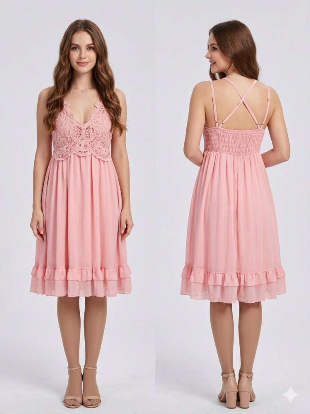 Feager Pink Boho Mini Dress Small Lace Crochet Bodice Smocked Back Ruffle Hem